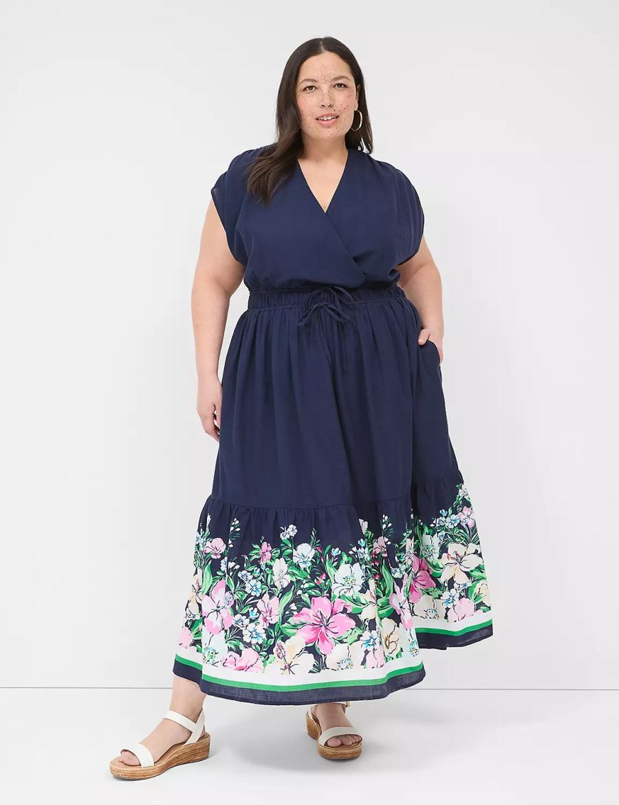 Dark Blue Lane Bryant Shirred-Shoulder Double-Waist Women Maxi Dress | JNN9953FU