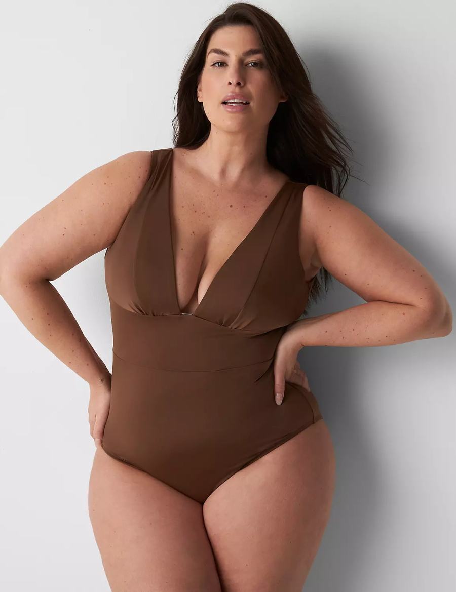 Dark Brown Lane Bryant No-Wire Plunge One-Piece Women Swimsuits | QWF5597VG