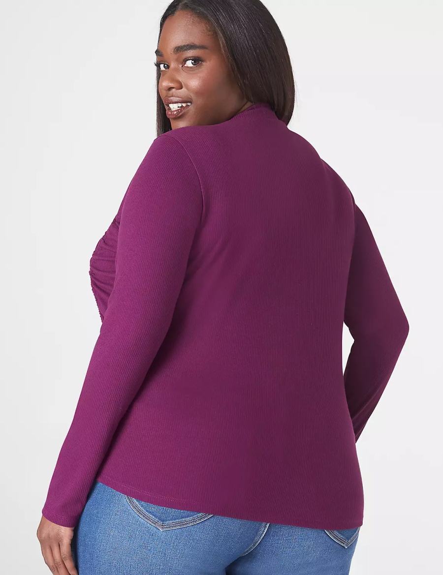 Dark Purple Lane Bryant Fitted Crop Mock-Neck Double-Drawcord Tee Women T Shirts | CWK5620IC