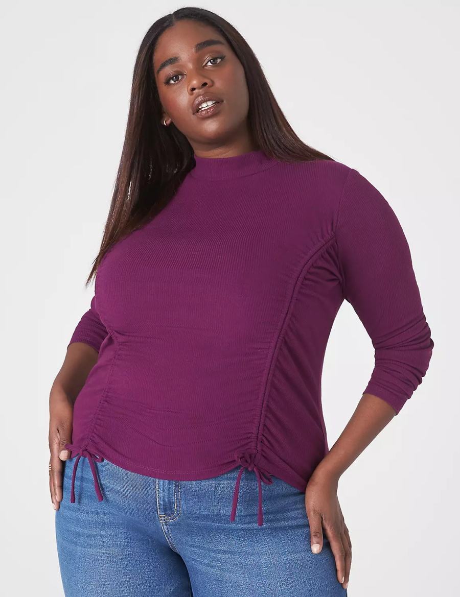 Dark Purple Lane Bryant Fitted Crop Mock-Neck Double-Drawcord Tee Women T Shirts | CWK5620IC