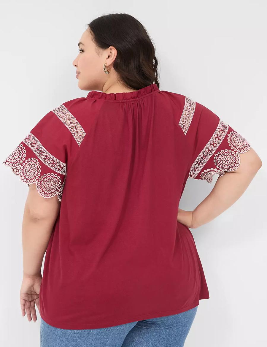 Deep Red Lane Bryant Eyelet Short-Sleeve Knit Top Women T Shirts | LJL9816JS