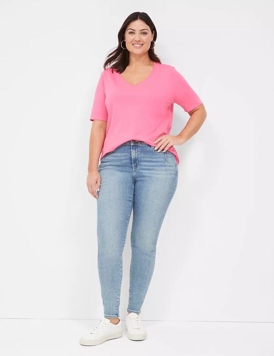 Fuchsia Lane Bryant Perfect Sleeve V-Neck Tee Women T Shirts | VUQ1136YN