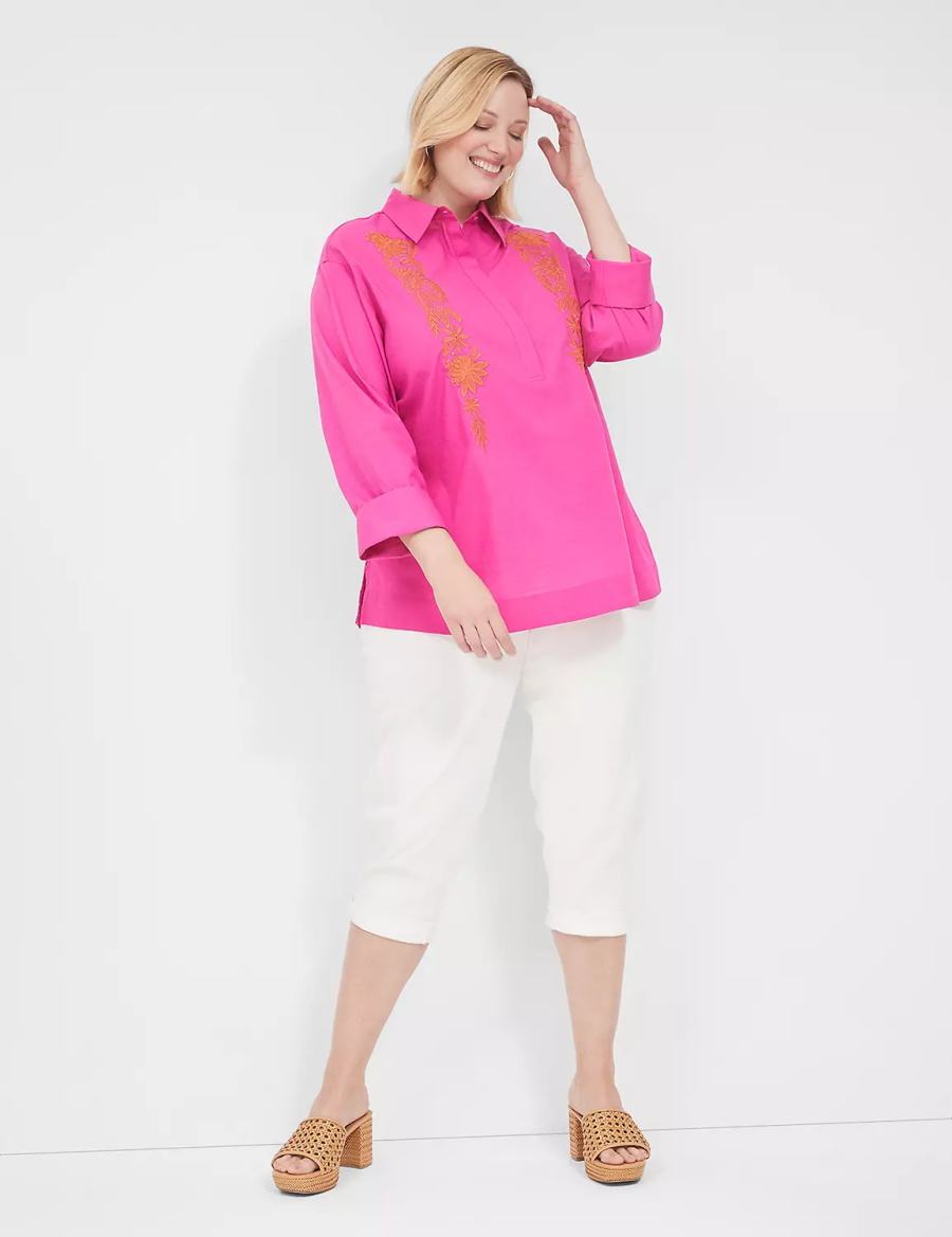 Fuchsia Lane Bryant Relaxed Collared Embroidered Tunic Women Shirts | WBG4917UE