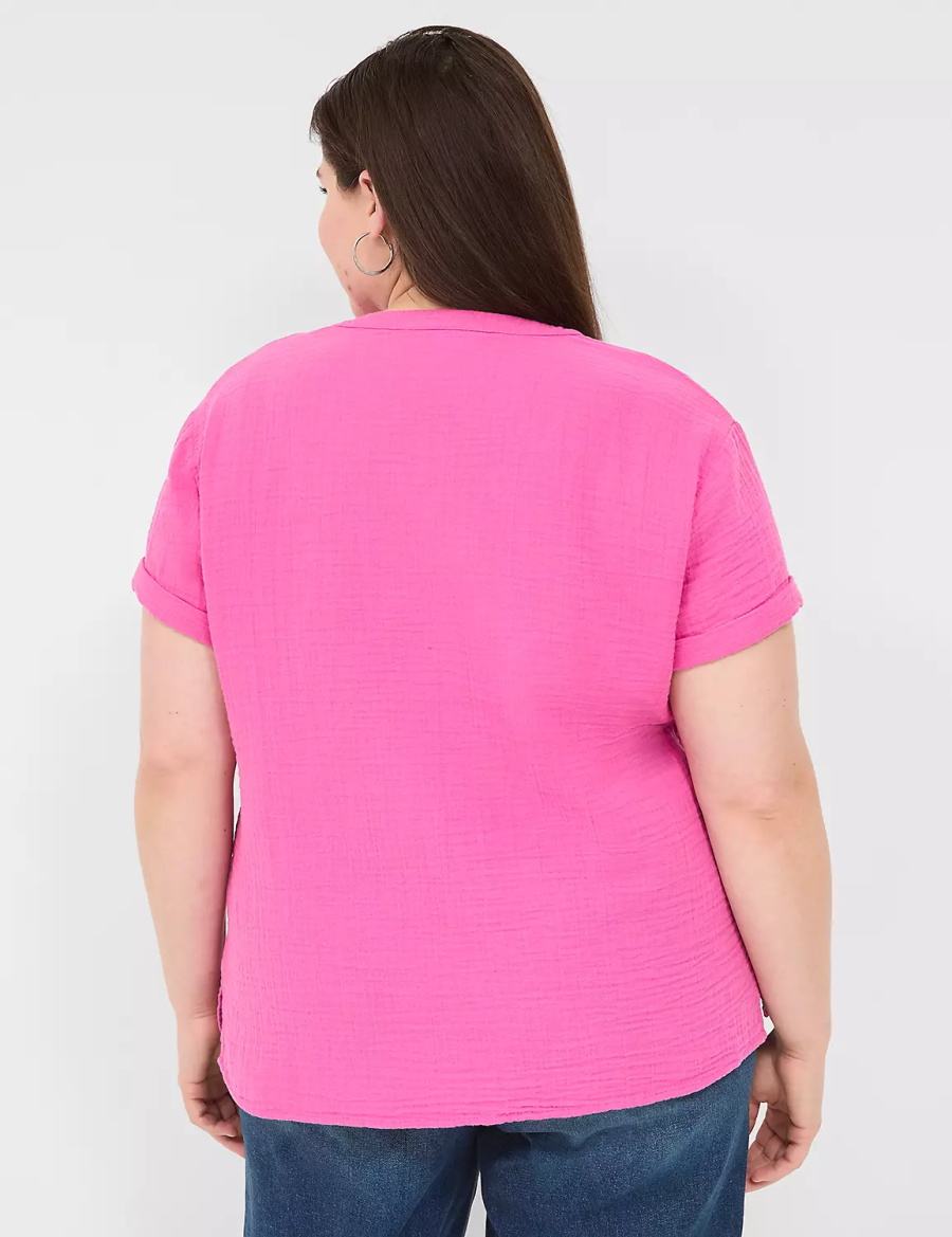 Fuchsia Lane Bryant Relaxed Gauze V-Neck Popover Women Shirts | RHE736AF