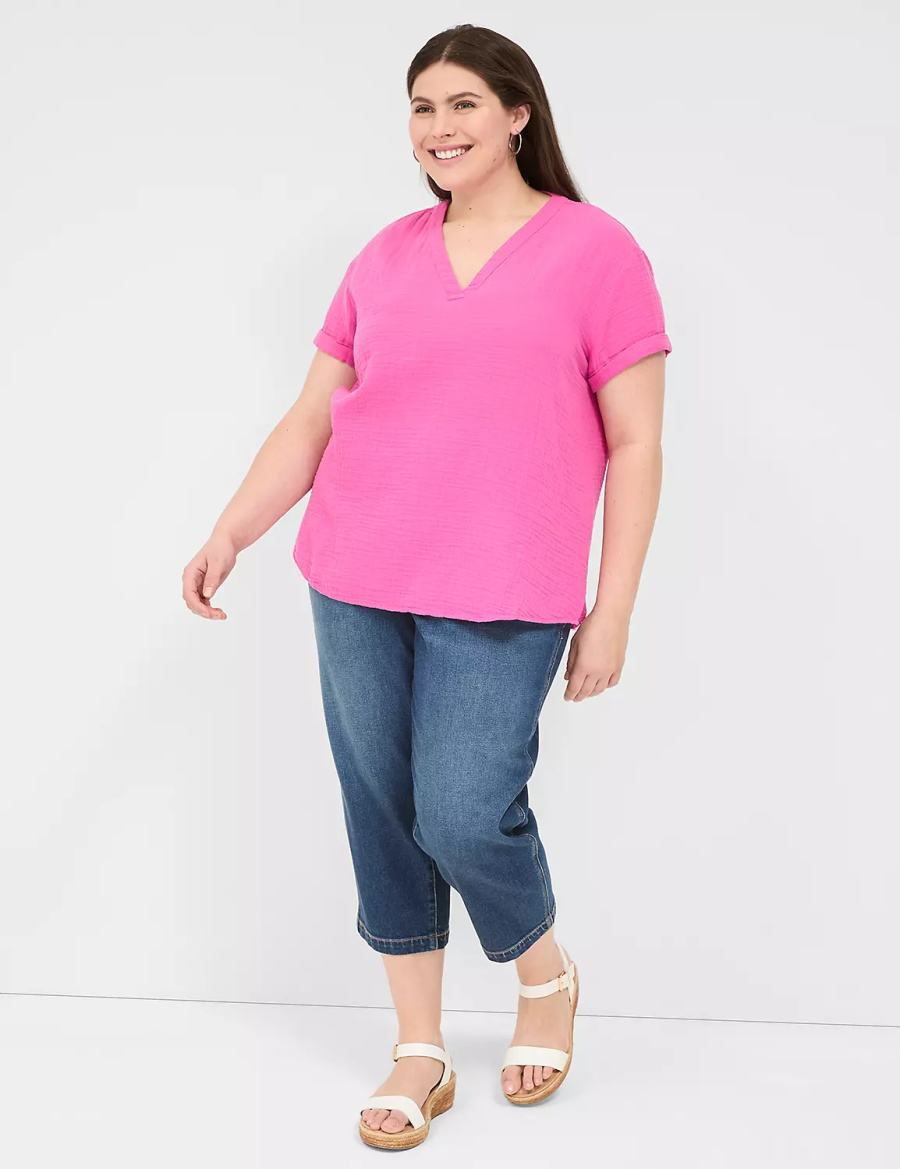 Fuchsia Lane Bryant Relaxed Gauze V-Neck Popover Women Shirts | RHE736AF