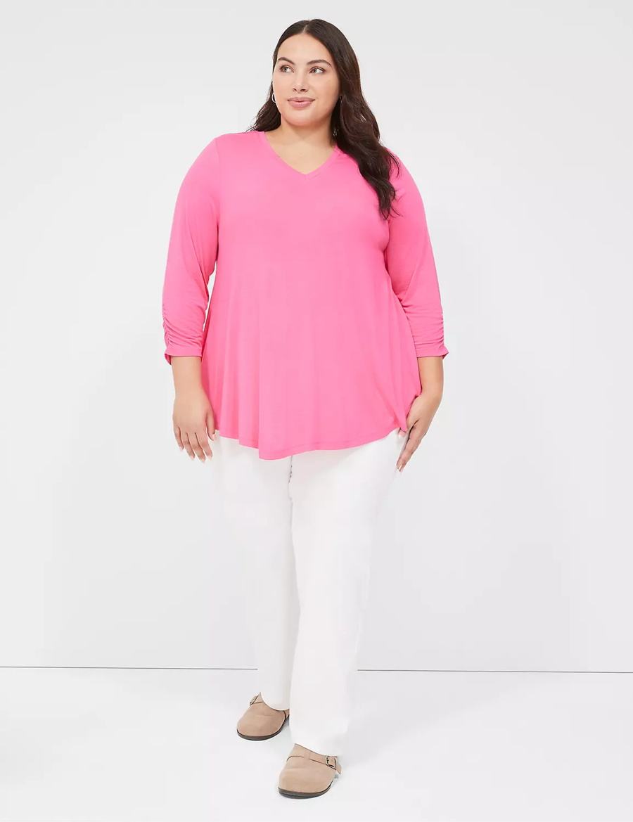 Fuchsia Lane Bryant Swing 3/4 Ruched-Sleeve Top Women T Shirts | DDD3266PM