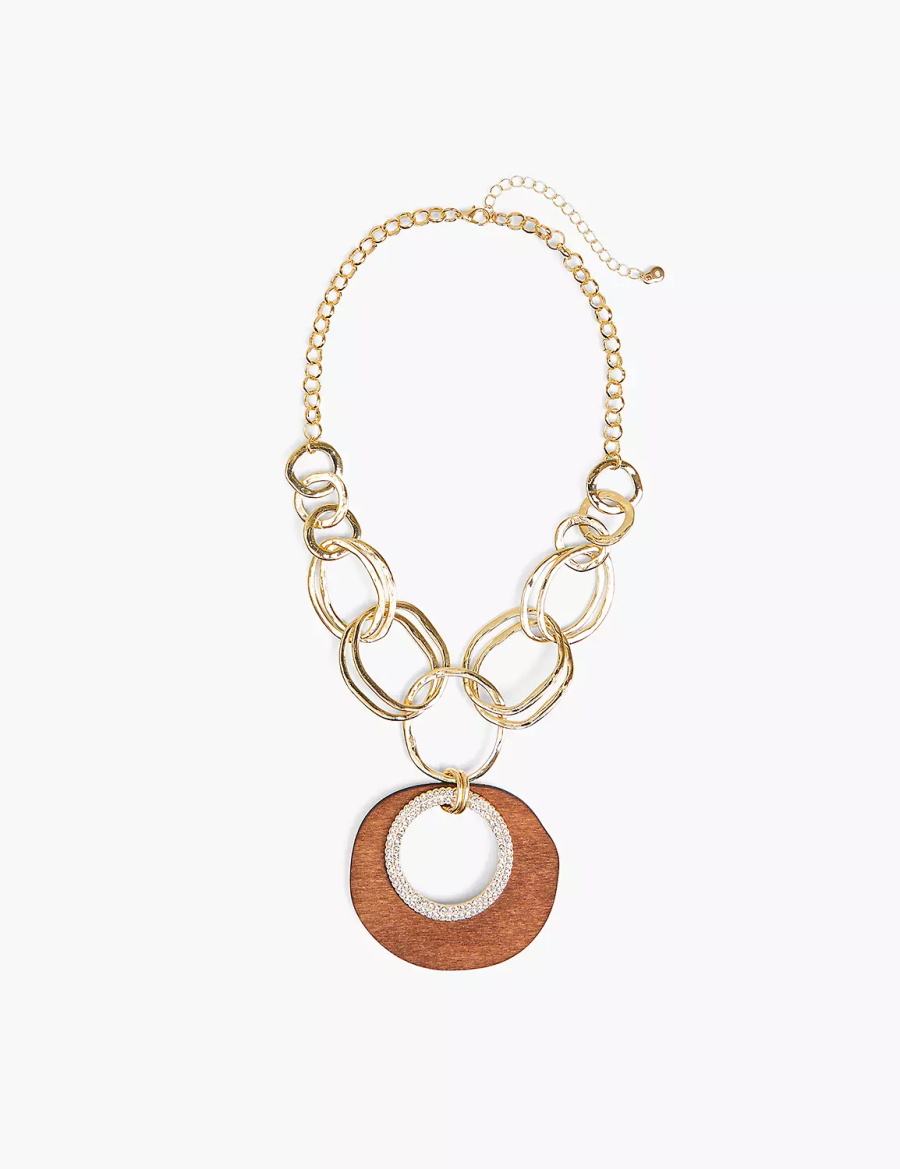 Gold Lane Bryant Textured & Wood Multi-Circle Women Pendant Necklace | DIC6136BR