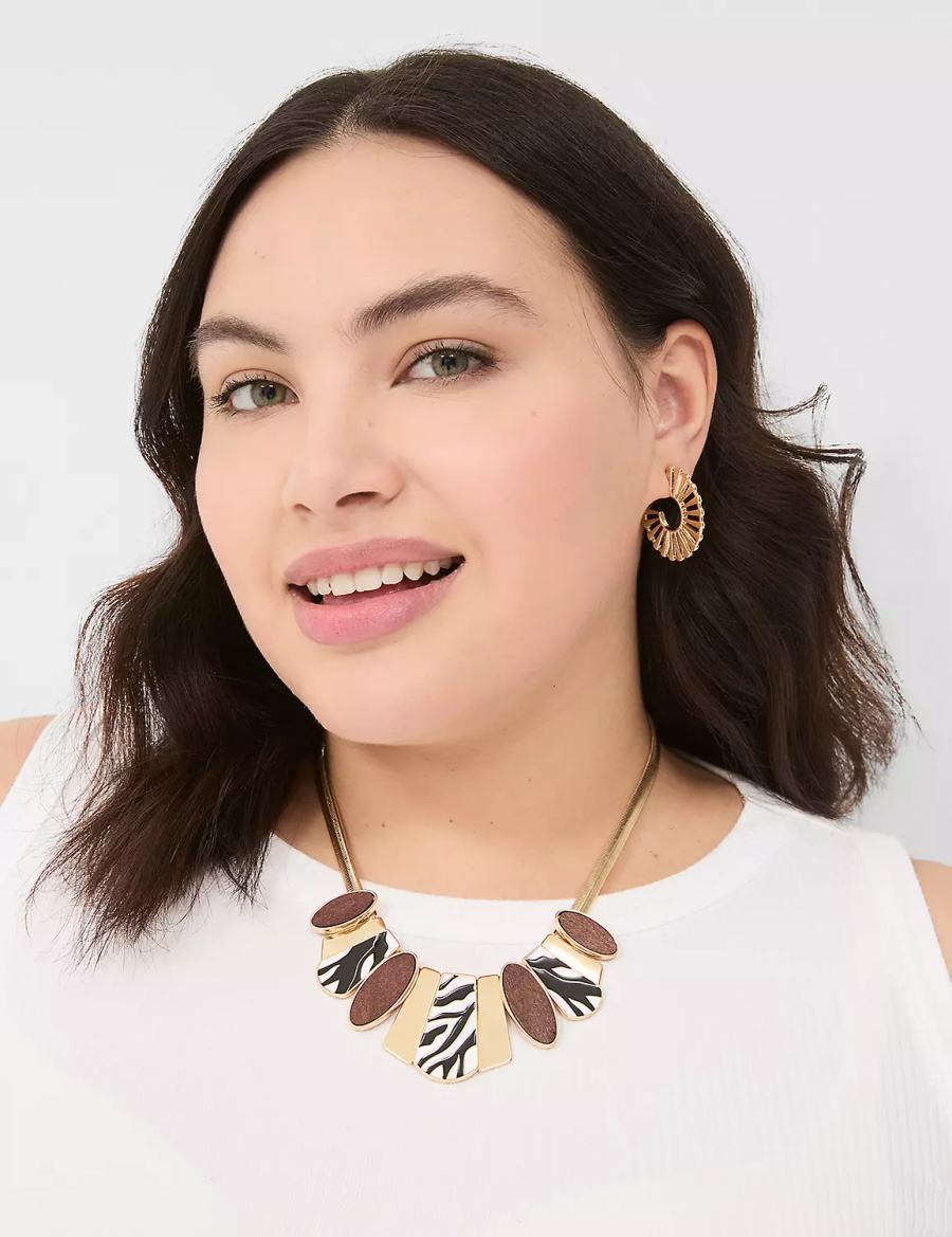 Gold Lane Bryant Zebra Print & Wood Statement Women Necklace | LYU2966ME