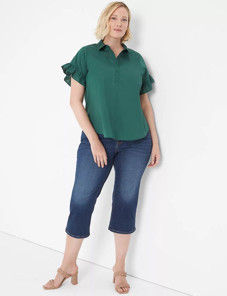 Green Lane Bryant Ruffle-Sleeve Button-Down Top Women T Shirts | SMN571MW