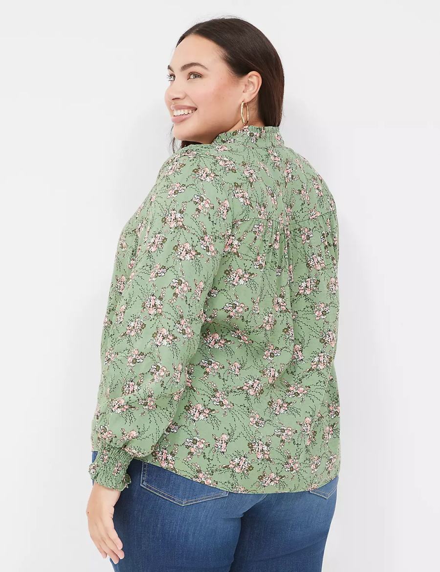 Green Lane Bryant Smocked Shoulder & Cuff Popover Women Blouse | YRJ7960MY