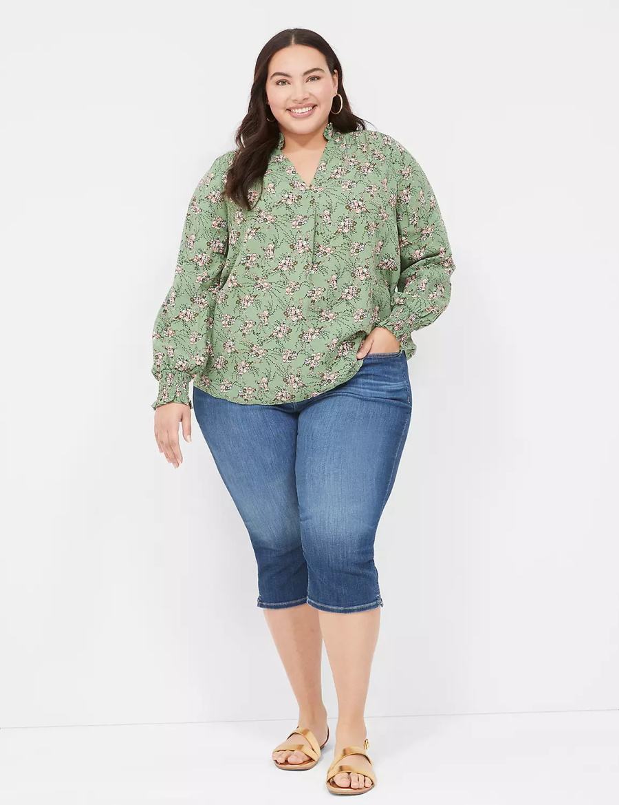 Green Lane Bryant Smocked Shoulder & Cuff Popover Women Blouse | YRJ7960MY