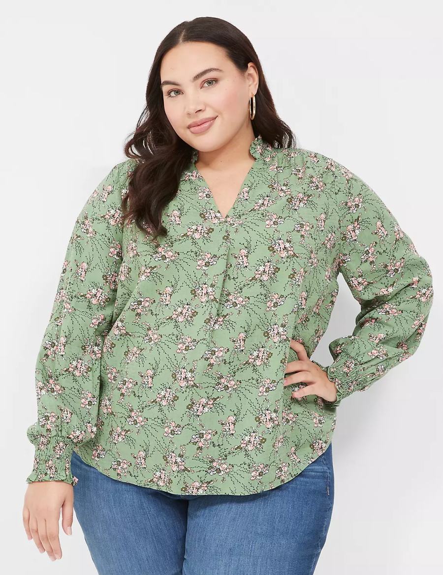 Green Lane Bryant Smocked Shoulder & Cuff Popover Women Blouse | YRJ7960MY