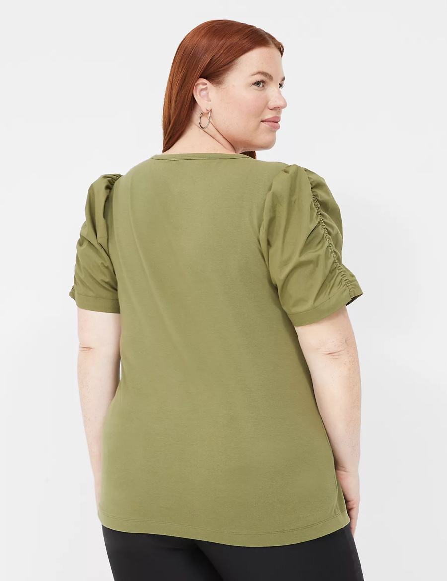 Green Lane Bryant Woven Puff-Sleeve V-Neck Knit Tee Women T Shirts | LJN1218BA