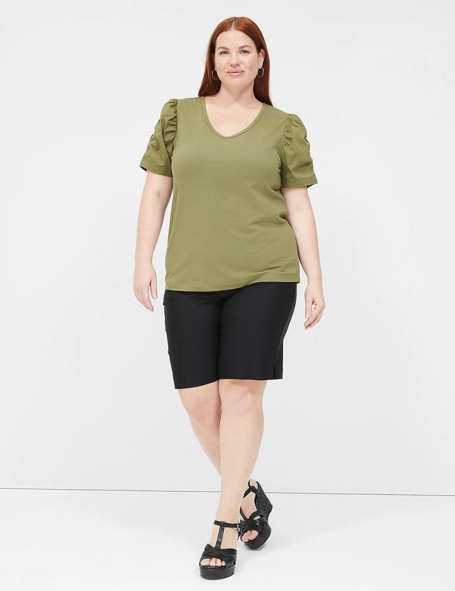 Green Lane Bryant Woven Puff-Sleeve V-Neck Knit Tee Women T Shirts | LJN1218BA