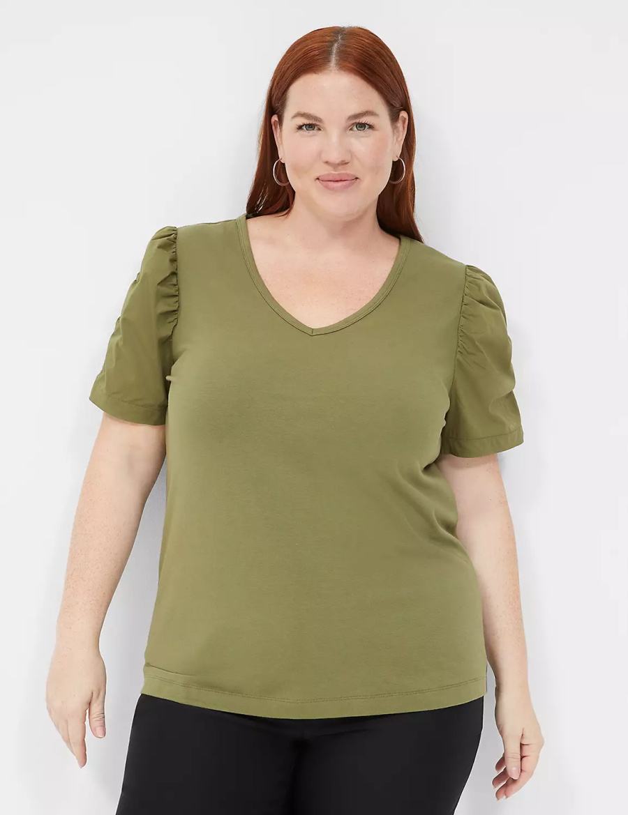 Green Lane Bryant Woven Puff-Sleeve V-Neck Knit Tee Women T Shirts | LJN1218BA