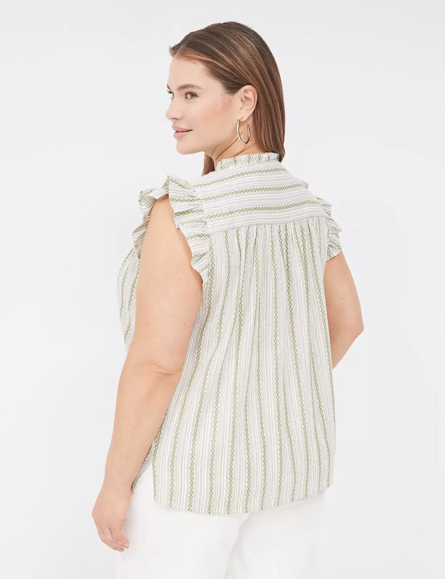 Green Stripes Lane Bryant Flutter-Sleeve Ruffle-Neck Women Blouse | NWS755UF