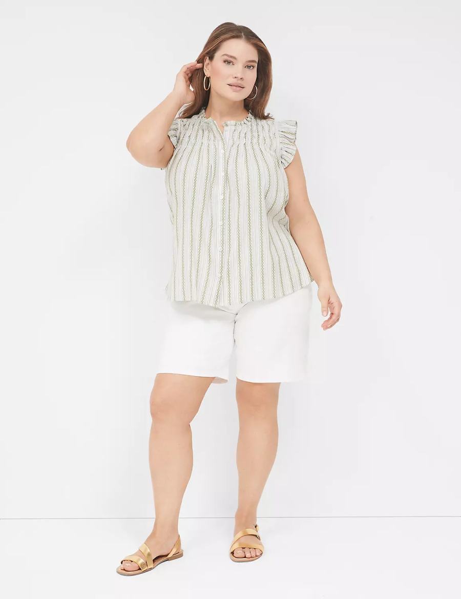 Green Stripes Lane Bryant Flutter-Sleeve Ruffle-Neck Women Blouse | NWS755UF