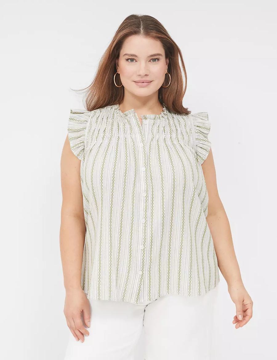 Green Stripes Lane Bryant Flutter-Sleeve Ruffle-Neck Women Blouse | NWS755UF