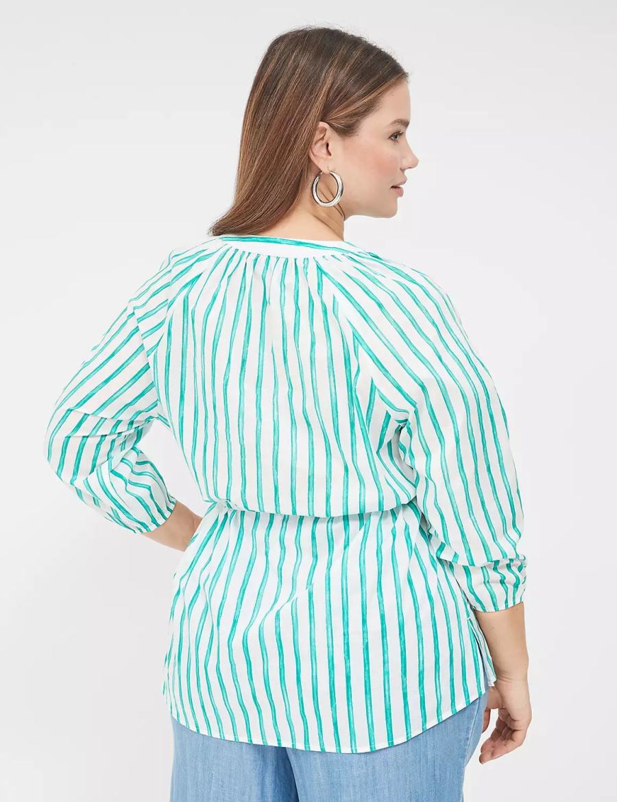 Green Stripes Lane Bryant Relaxed 3/4-Sleeve Button-Front Tunic Women Shirts | PYS8931HT