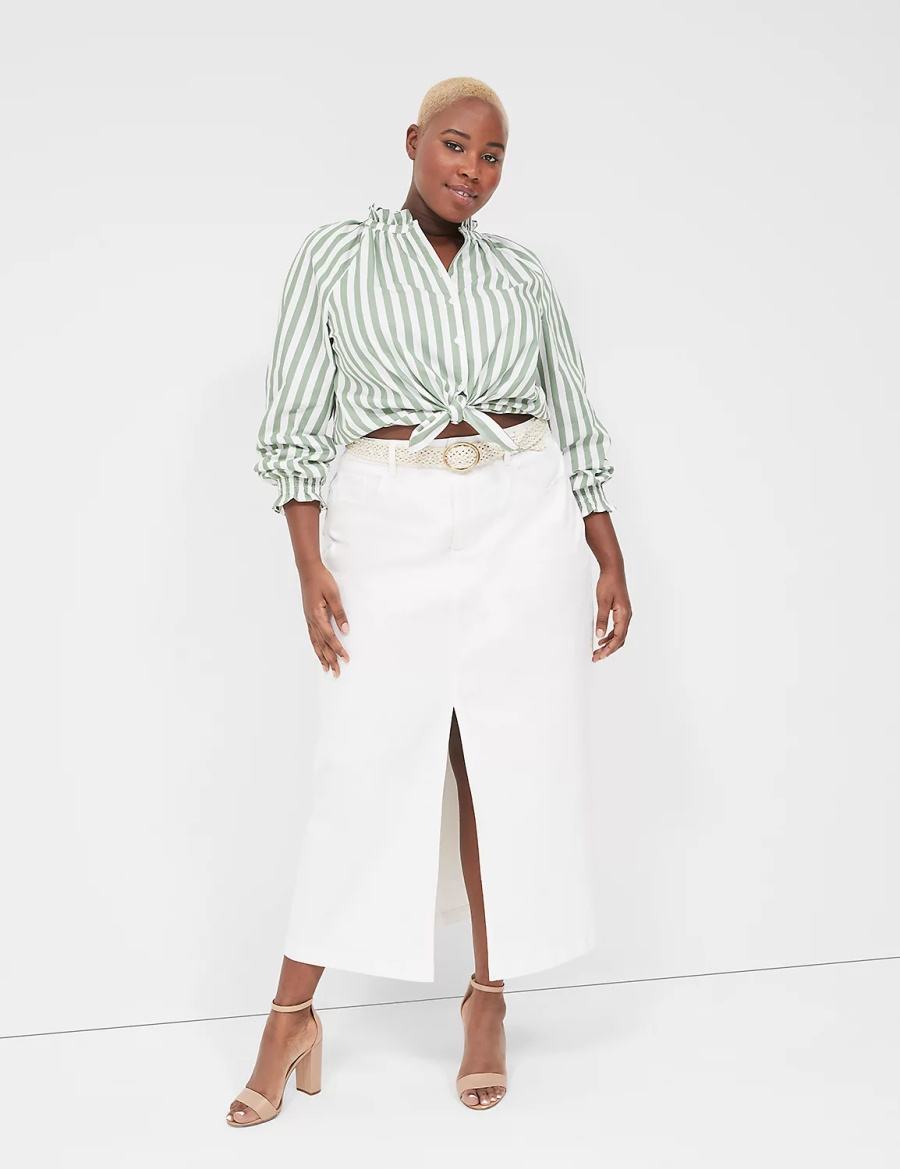 Green Stripes Lane Bryant Relaxed Button-Front Women Blouse | FOC4819LP