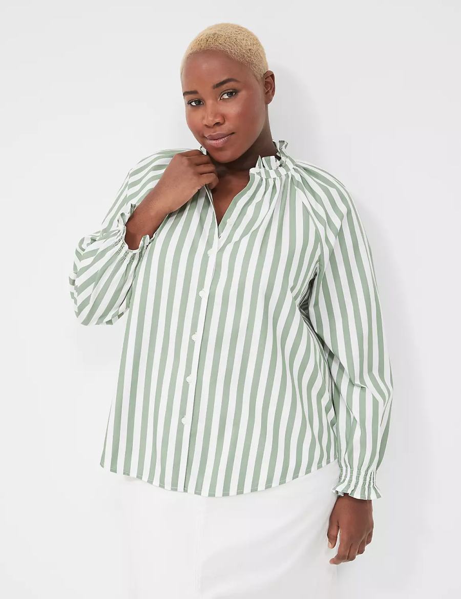 Green Stripes Lane Bryant Relaxed Button-Front Women Blouse | FOC4819LP