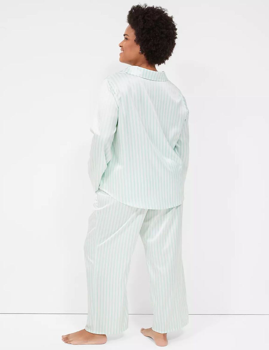 Green Stripes Lane Bryant Stretch Satin Shirt & Pant PJ Set Women Pajamas | MXQ8085RJ