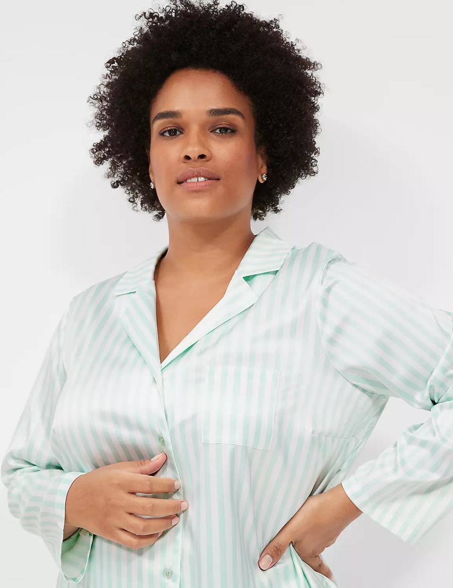 Green Stripes Lane Bryant Stretch Satin Shirt & Pant PJ Set Women Pajamas | MXQ8085RJ