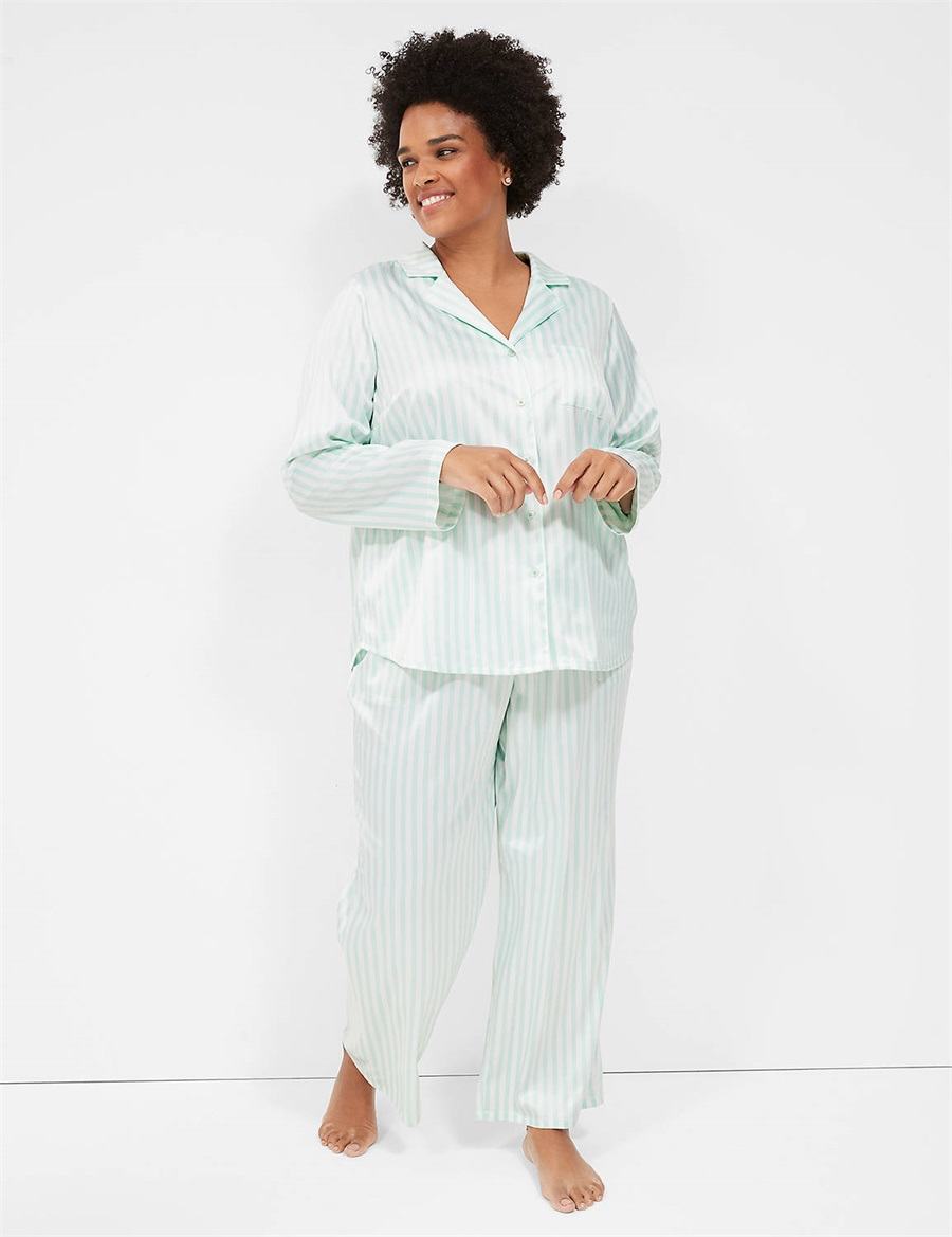 Green Stripes Lane Bryant Stretch Satin Shirt & Pant PJ Set Women Pajamas | MXQ8085RJ