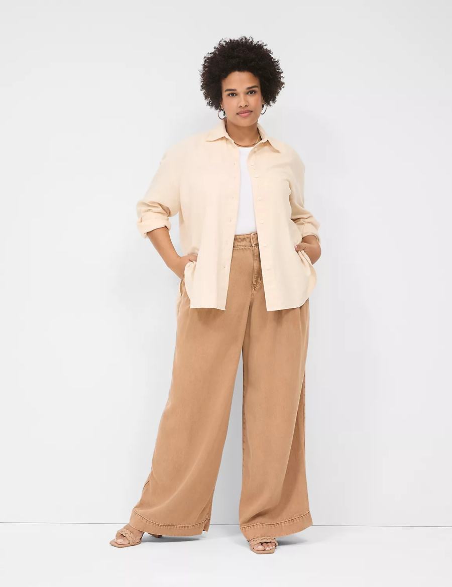 Grey Brown Lane Bryant Relaxed Linen Button-Down Women Shirts | LSA1272JB