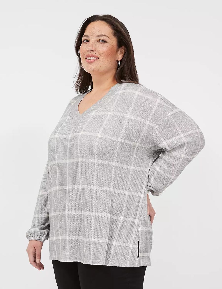 Grey Lane Bryant Blouson-Sleeve V-Neck Waffle Tunic Women T Shirts | EAW2475MH