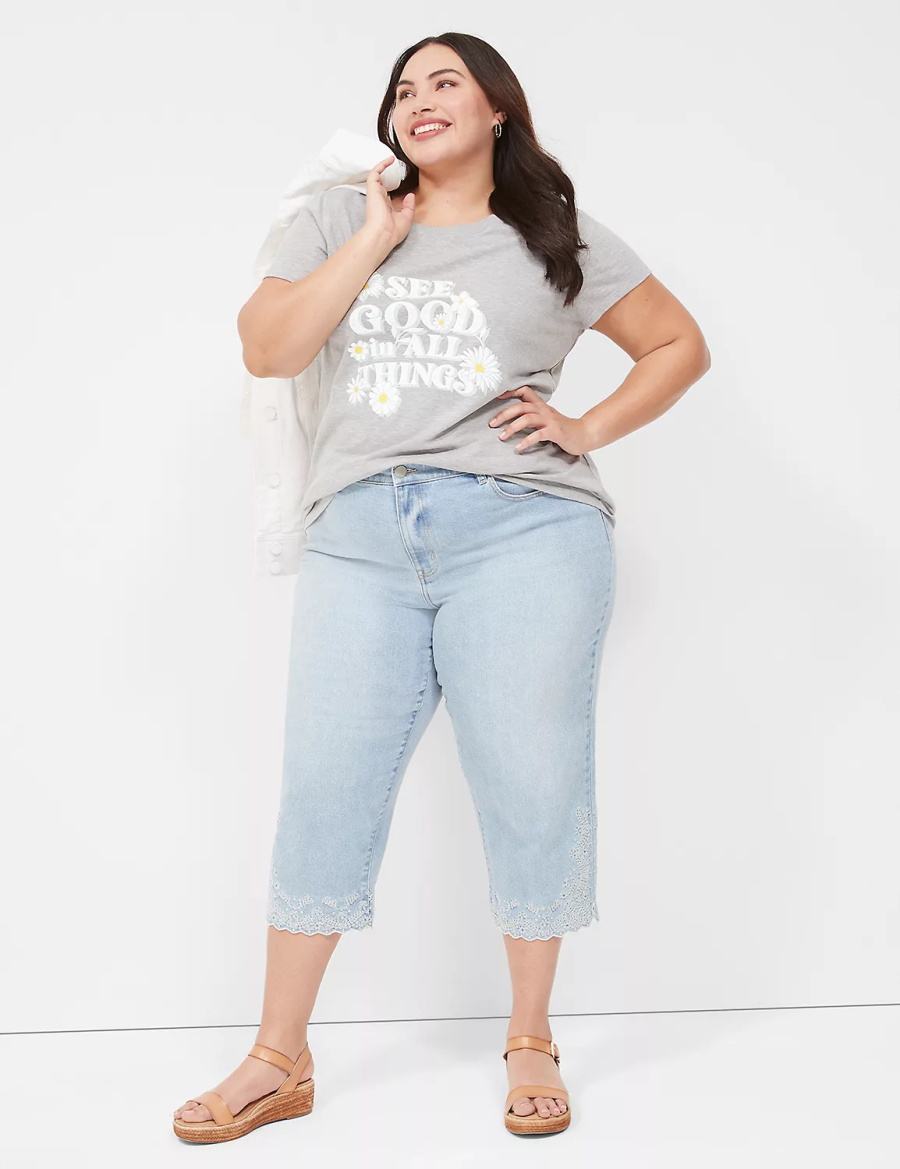 Light Blue Lane Bryant Boyfriend Fit Capri With Embroidery Women Jeans | LYP7370QU