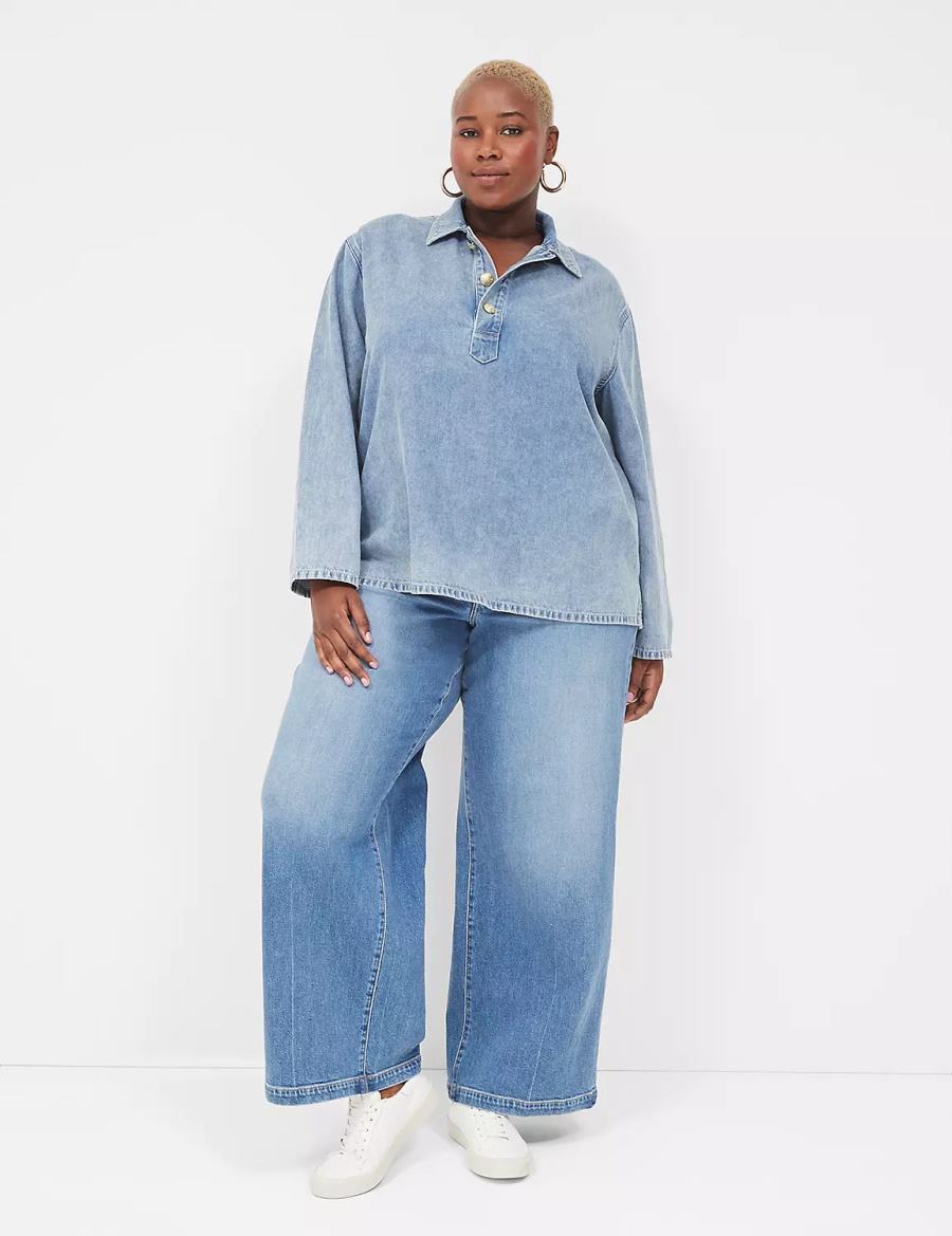 Light Blue Lane Bryant Relaxed Collared Denim Popover Women Shirts | NAB5353LG