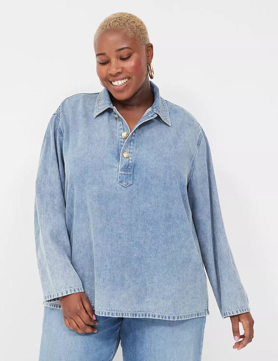 Light Blue Lane Bryant Relaxed Collared Denim Popover Women Shirts | NAB5353LG