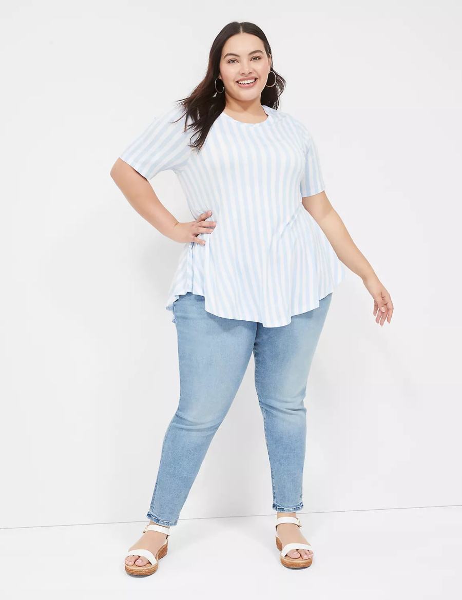 Light Blue Stripes Lane Bryant Max Swing Perfect Sleeve Crew-Neck Tee Women T Shirts | MJT1385OI