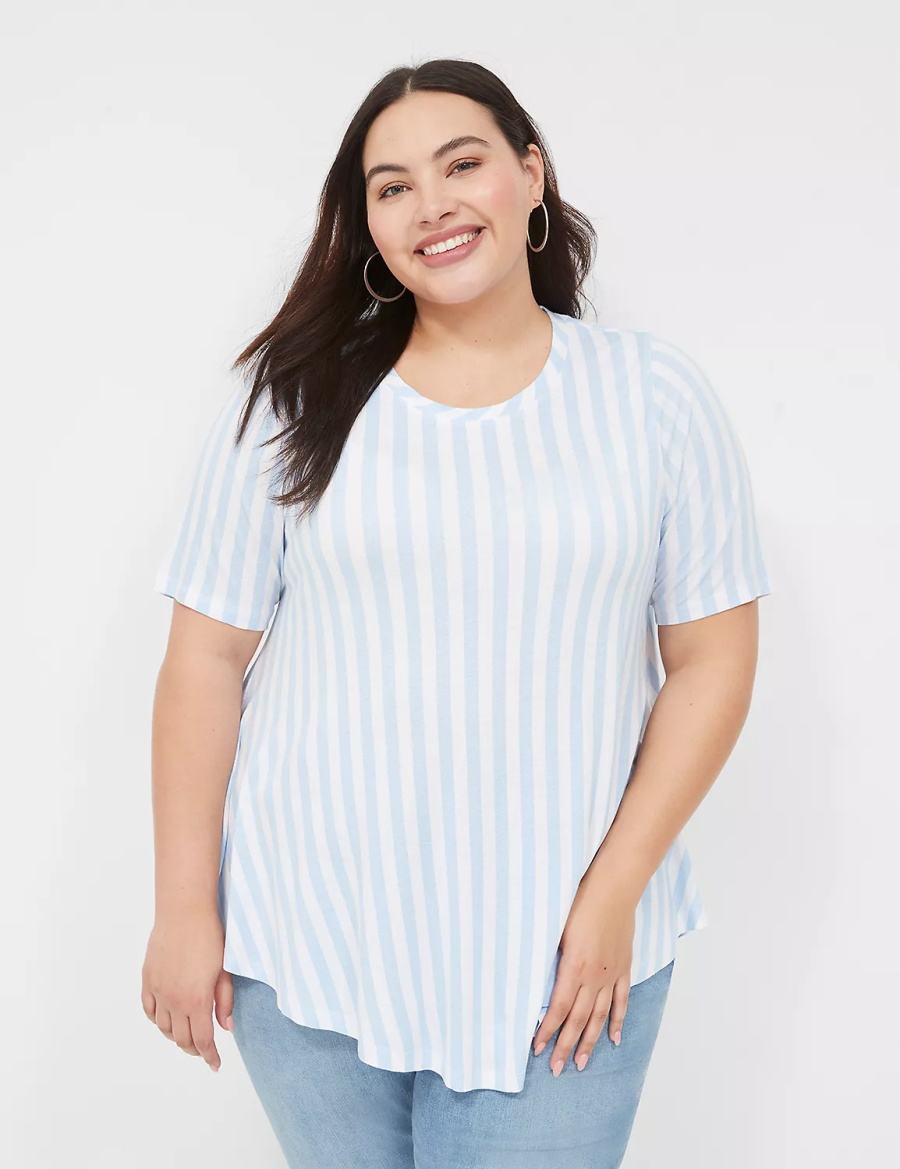 Light Blue Stripes Lane Bryant Max Swing Perfect Sleeve Crew-Neck Tee Women T Shirts | MJT1385OI