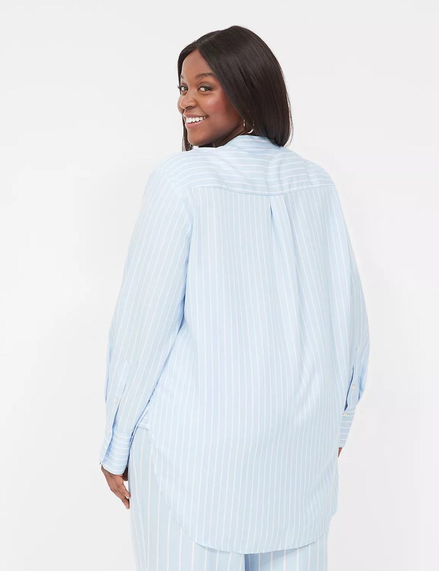 Light Blue Stripes Lane Bryant Relaxed Collar Button-Down Women Shirts | YTY1595TB