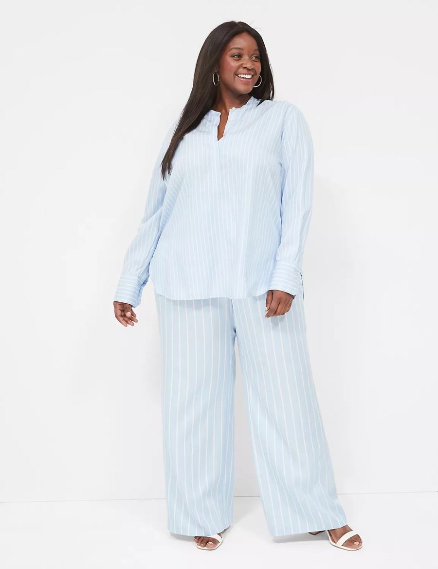 Light Blue Stripes Lane Bryant Relaxed Collar Button-Down Women Shirts | YTY1595TB