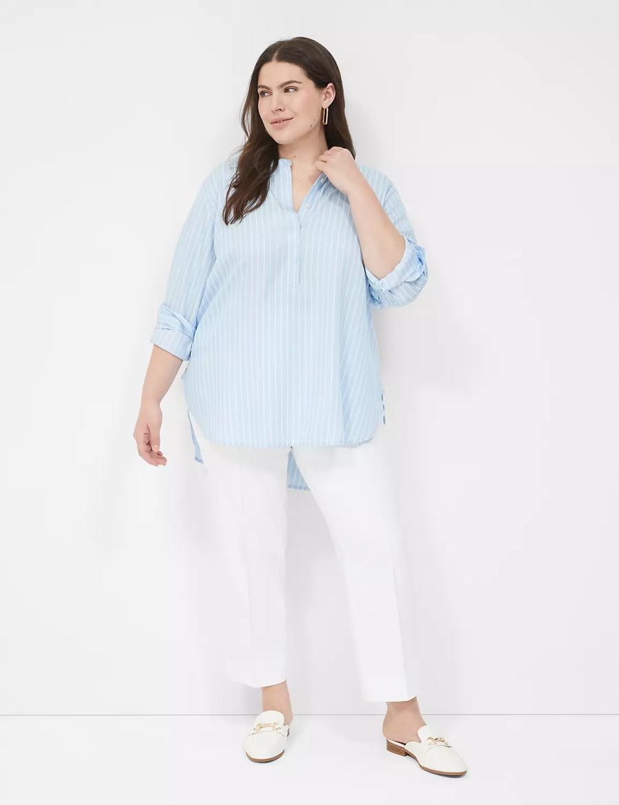 Light Blue Stripes Lane Bryant Relaxed Collar Button-Down Women Shirts | YTY1595TB