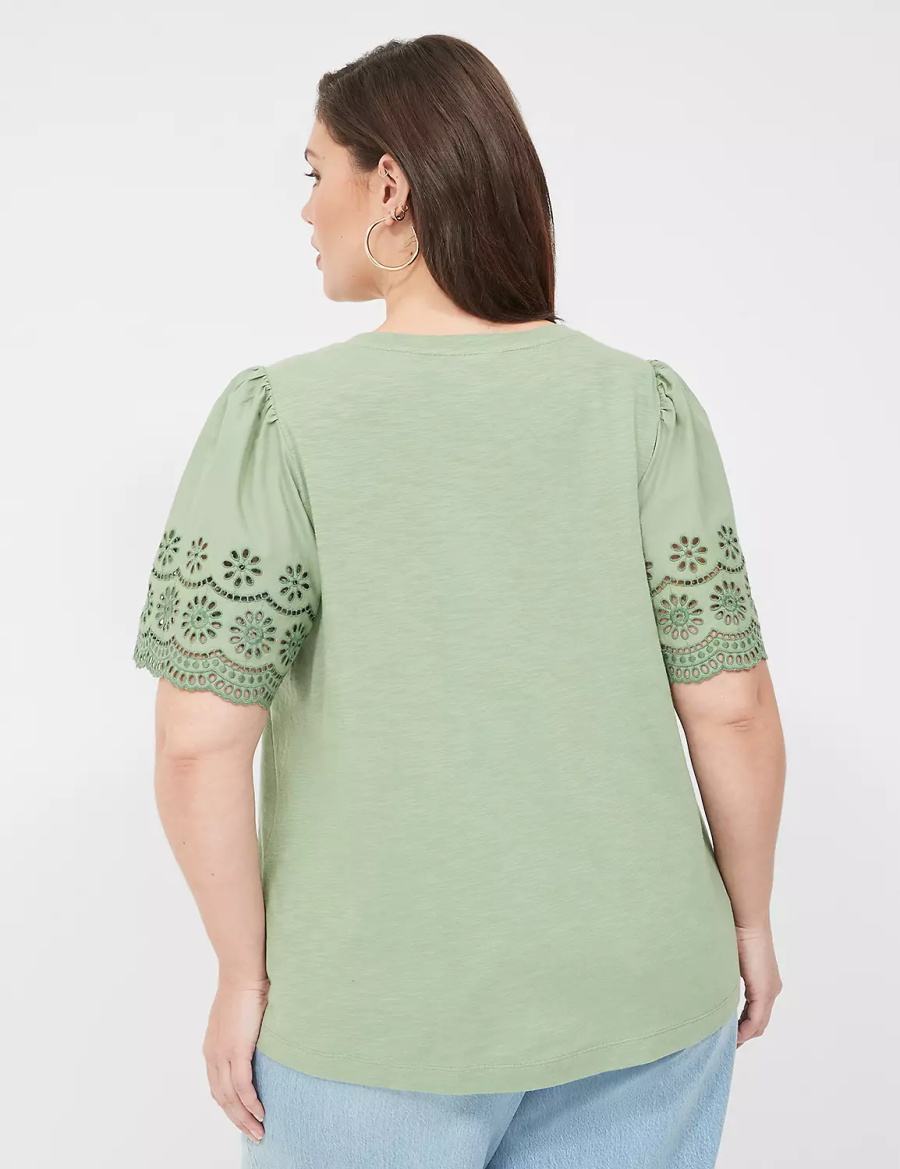 Light Green Lane Bryant Eyelet-Sleeve Crew-Neck Knit Tee Women Tank Top | MUB1282KO