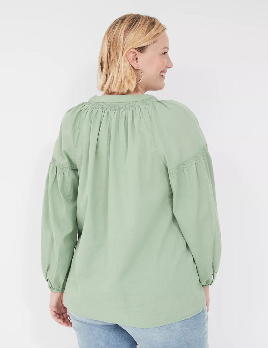 Light Green Lane Bryant Long-Sleeve Split-Neck Popover Women Shirts | GRK5854TD