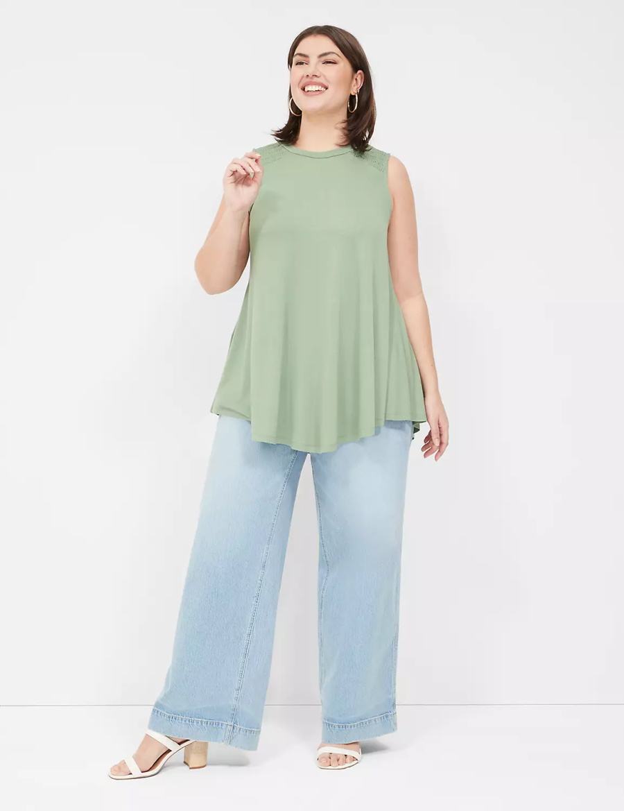 Light Green Lane Bryant Max Swing High-Neck Smocked-Shoulder Tunic Women T Shirts | VFU9460VE