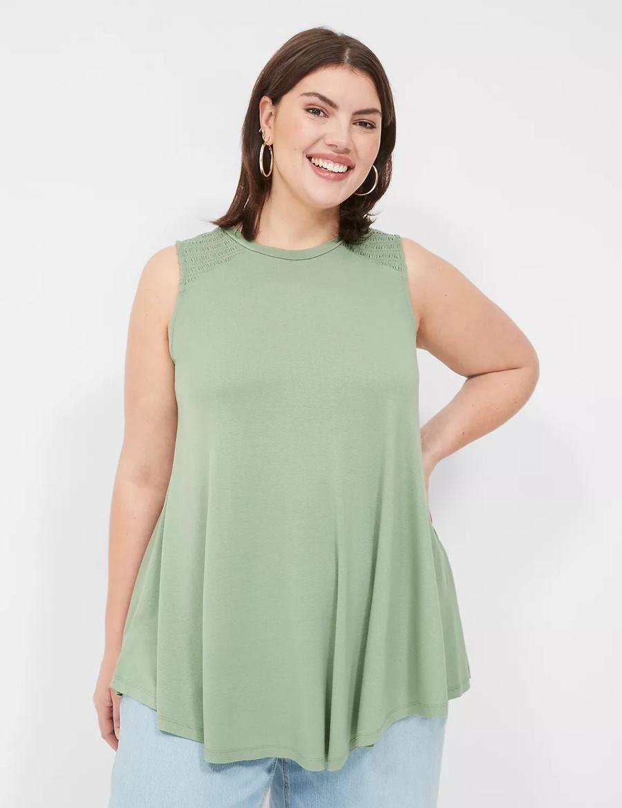 Light Green Lane Bryant Max Swing High-Neck Smocked-Shoulder Tunic Women T Shirts | VFU9460VE