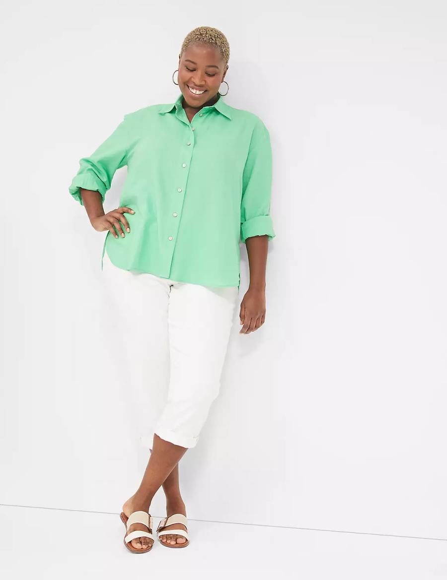 Light Green Lane Bryant Relaxed Linen Button-Down Women Shirts | KVT7173FO