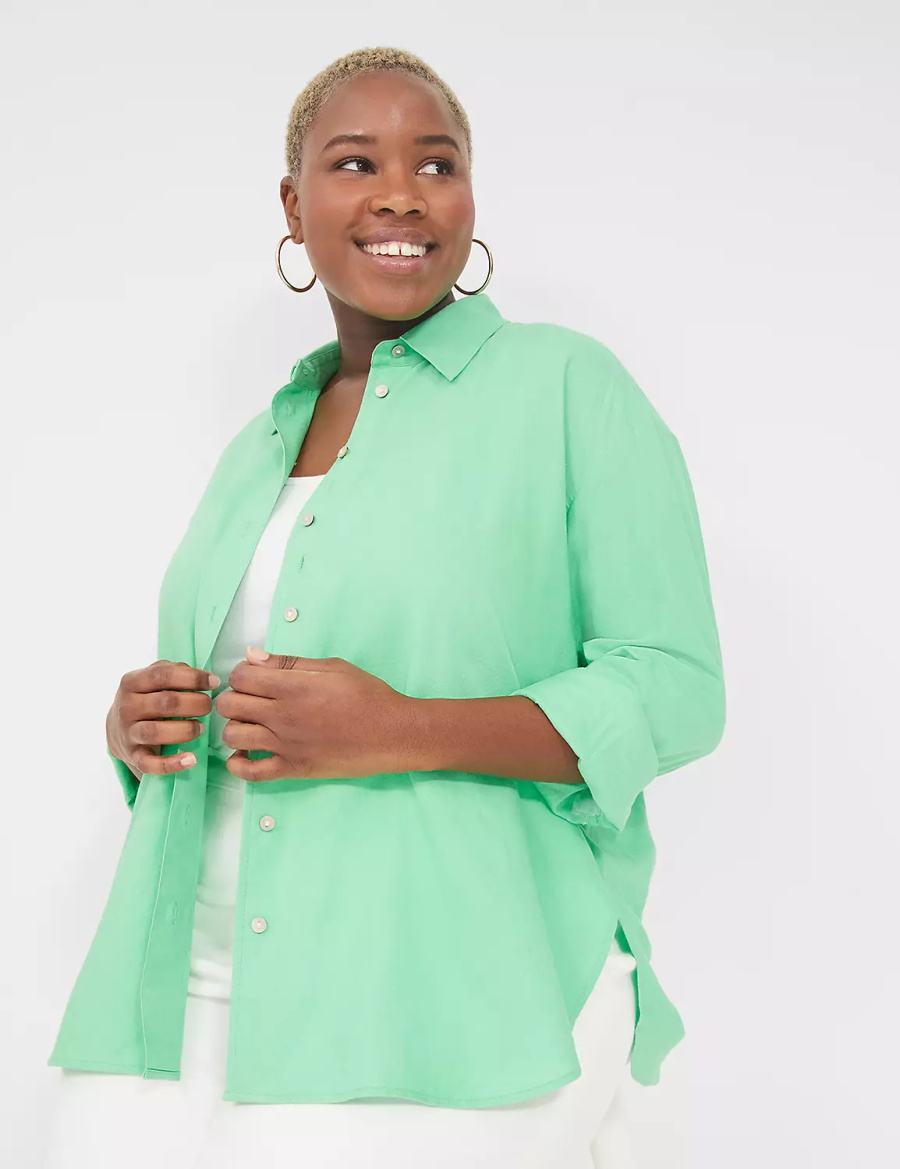 Light Green Lane Bryant Relaxed Linen Button-Down Women Shirts | KVT7173FO