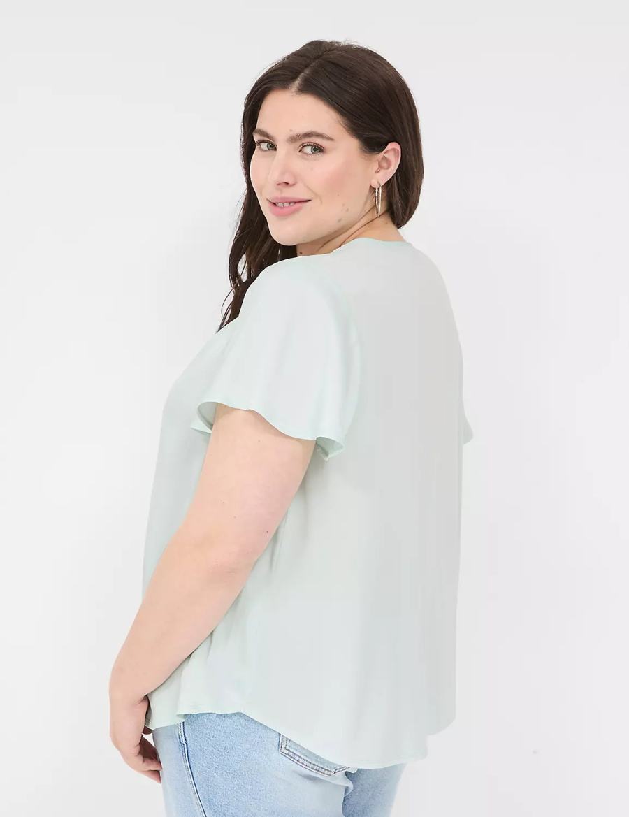 Light Green Lane Bryant Satin Smocked-Shoulder Women Blouse | LEH39100WR