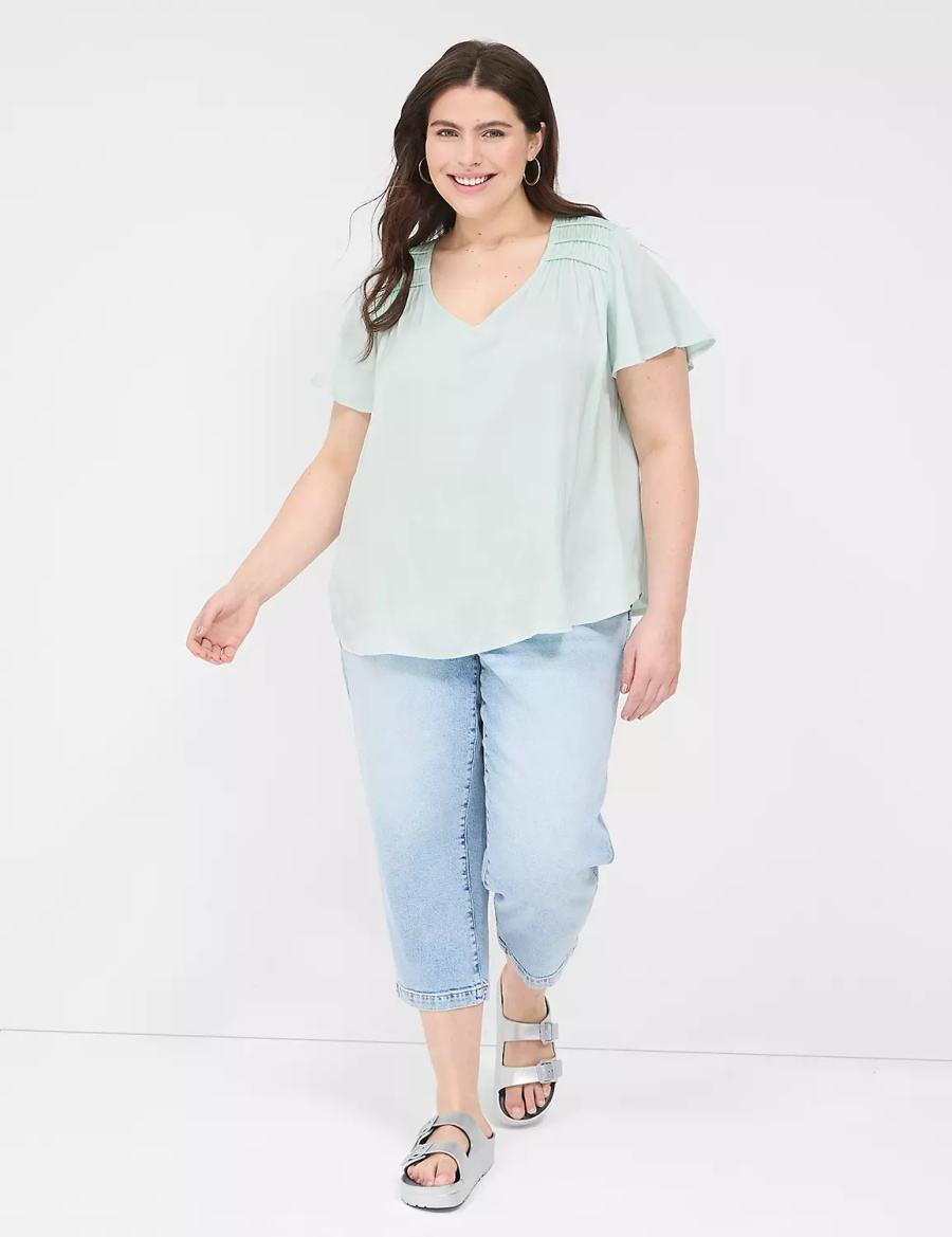 Light Green Lane Bryant Satin Smocked-Shoulder Women Blouse | LEH39100WR