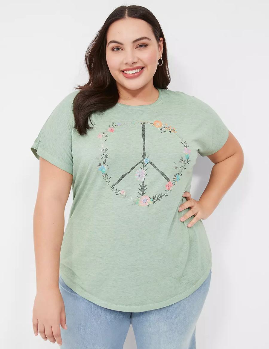 Light Green Lane Bryant Scoop-Neck Peace Flowers Graphic Tee Women T Shirts | PDX9190TD