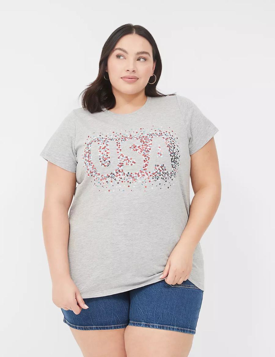 Light Grey Lane Bryant Sequin USA Graphic Tee Women T Shirts | VJU9135HV