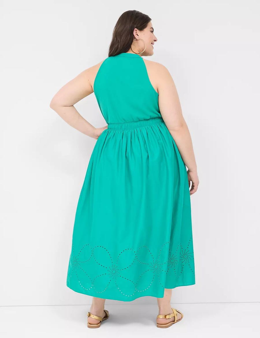 Light Turquoise Lane Bryant Eyelet-Detail Split-Neck Women Maxi Dress | LTA3895RX