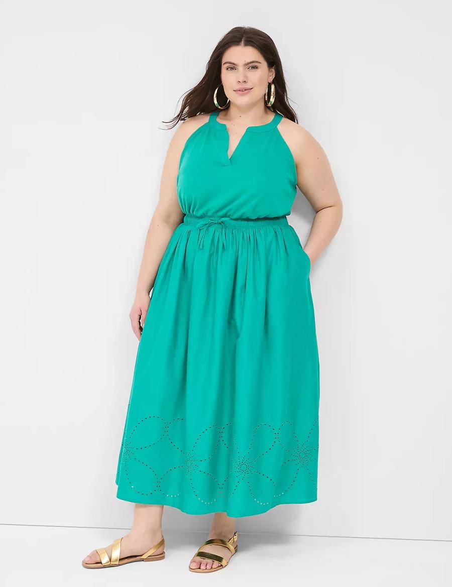 Light Turquoise Lane Bryant Eyelet-Detail Split-Neck Women Maxi Dress | LTA3895RX